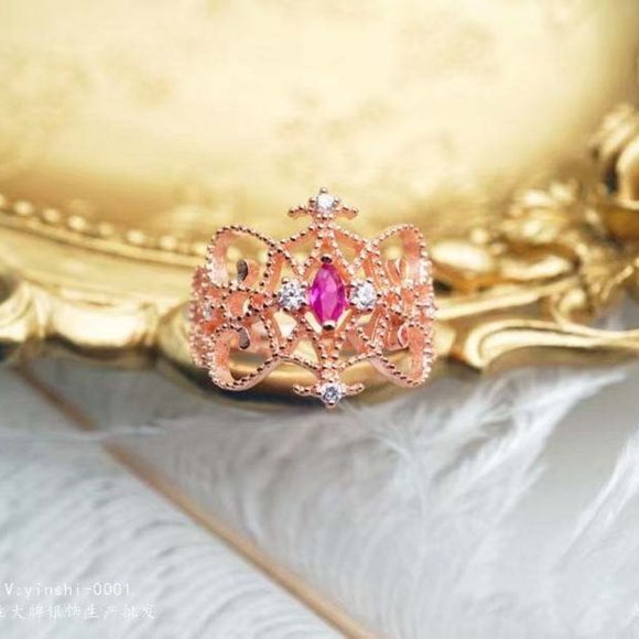 Rose Gold Vermeil Natural Pink Tourmaline Stone Ring Classic Lace Princess Ring - Picture 2 of 3